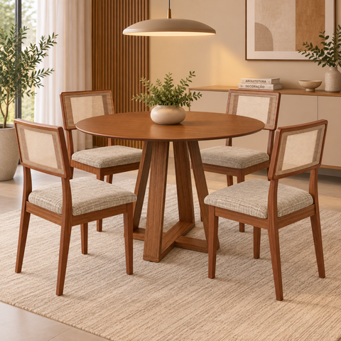 Conjunto Mesa de Jantar Redonda 4 Cadeiras Estofadas Encosto Tela 100% MDF Pinhão/Cinza Escuro - Dal