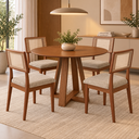 Ver imagem 1 de Conjunto Mesa de Jantar Redonda 4 Cadeiras Estofadas Encosto Tela 100% MDF Pinhão/Cinza Escuro - Dal