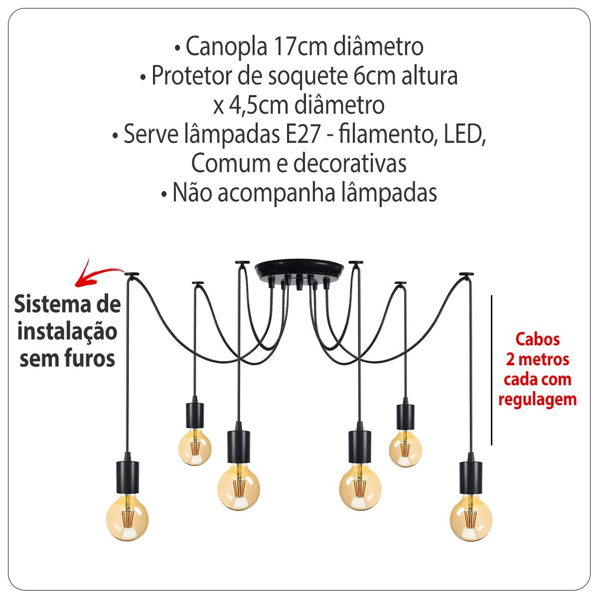 Pendente luminária aranha 06 fios de teto:Preto - 3