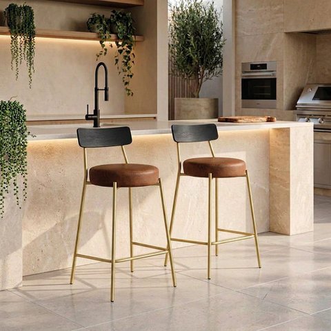 Banqueta Cozinha Alta Encosto Preto KIT2 Industrial Dourado Londrina PU D03 - D'Rossi