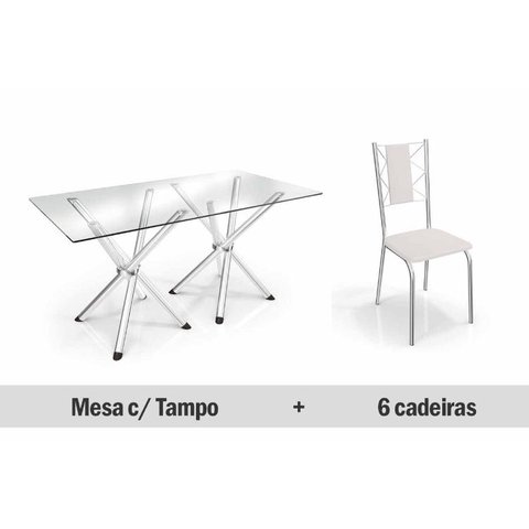 Sala de Jantar Completa Volga c/ Tampo Vidro 150cm + 6 Cadeiras Lisboa Cromado/Courano Branco - Kapp