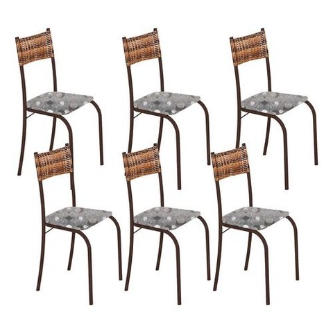 Kit 6 Cadeiras Atlanta Corino Paraopeba e Rattan Carvalho Tubo Marrom Cafe