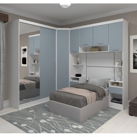 Guarda Roupa Dormitório Modulado Alpes Solteiro Espelho Porta Correr - Luciane M01e:azul