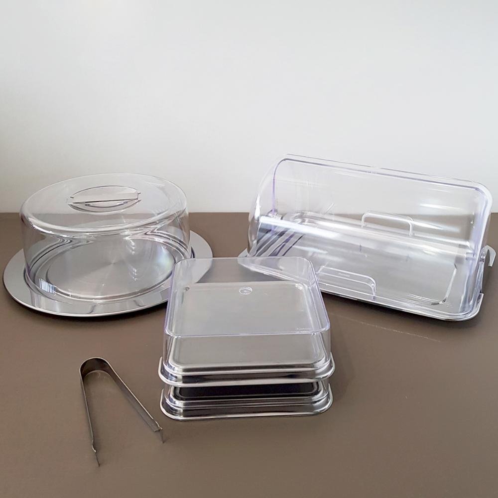 Kit Porta Pão Porta Frios e Porta Bolo Aço Inox Tampas Transparentes Vision Forma - 2