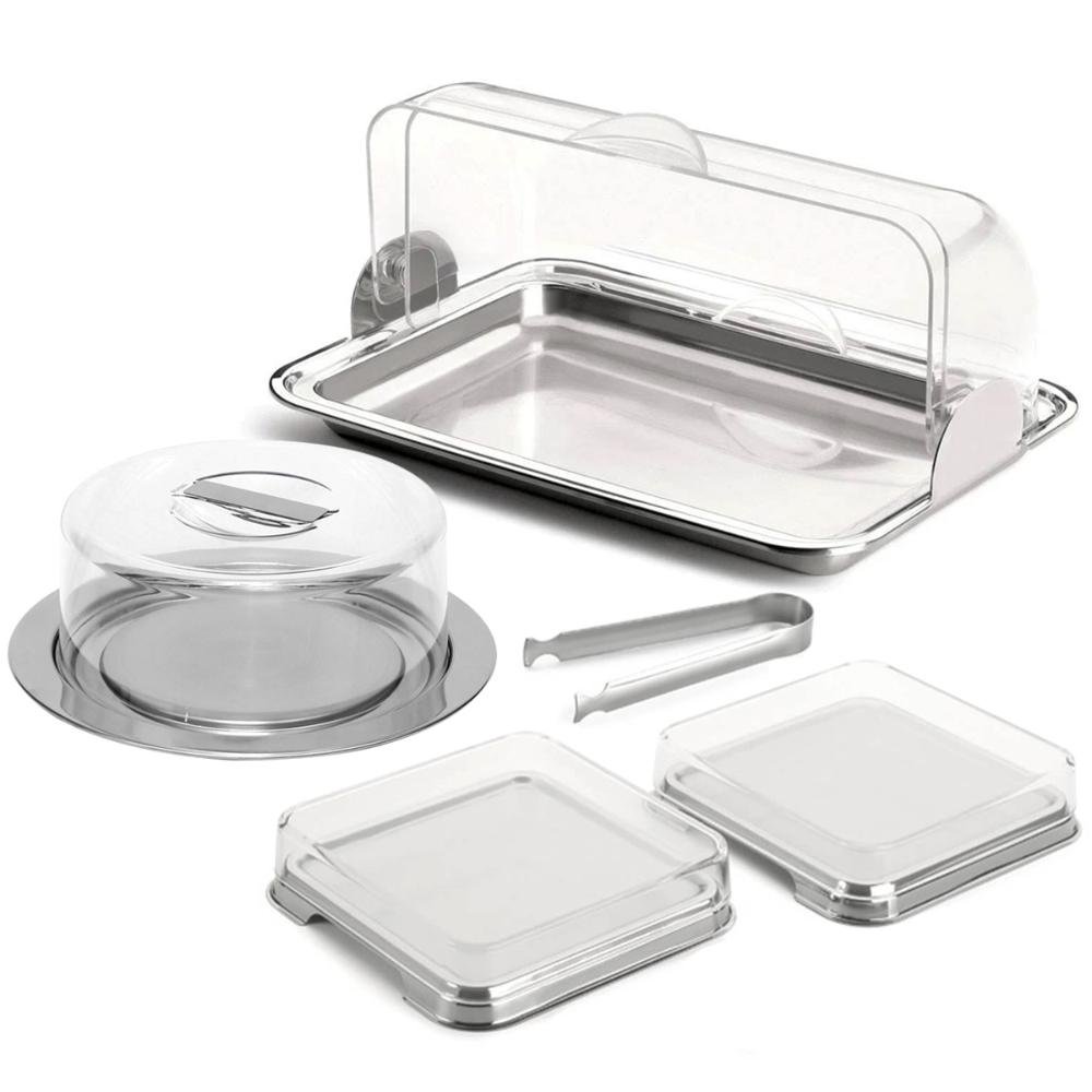 Kit Porta Pão Porta Frios e Porta Bolo Aço Inox Tampas Transparentes Vision Forma - 6