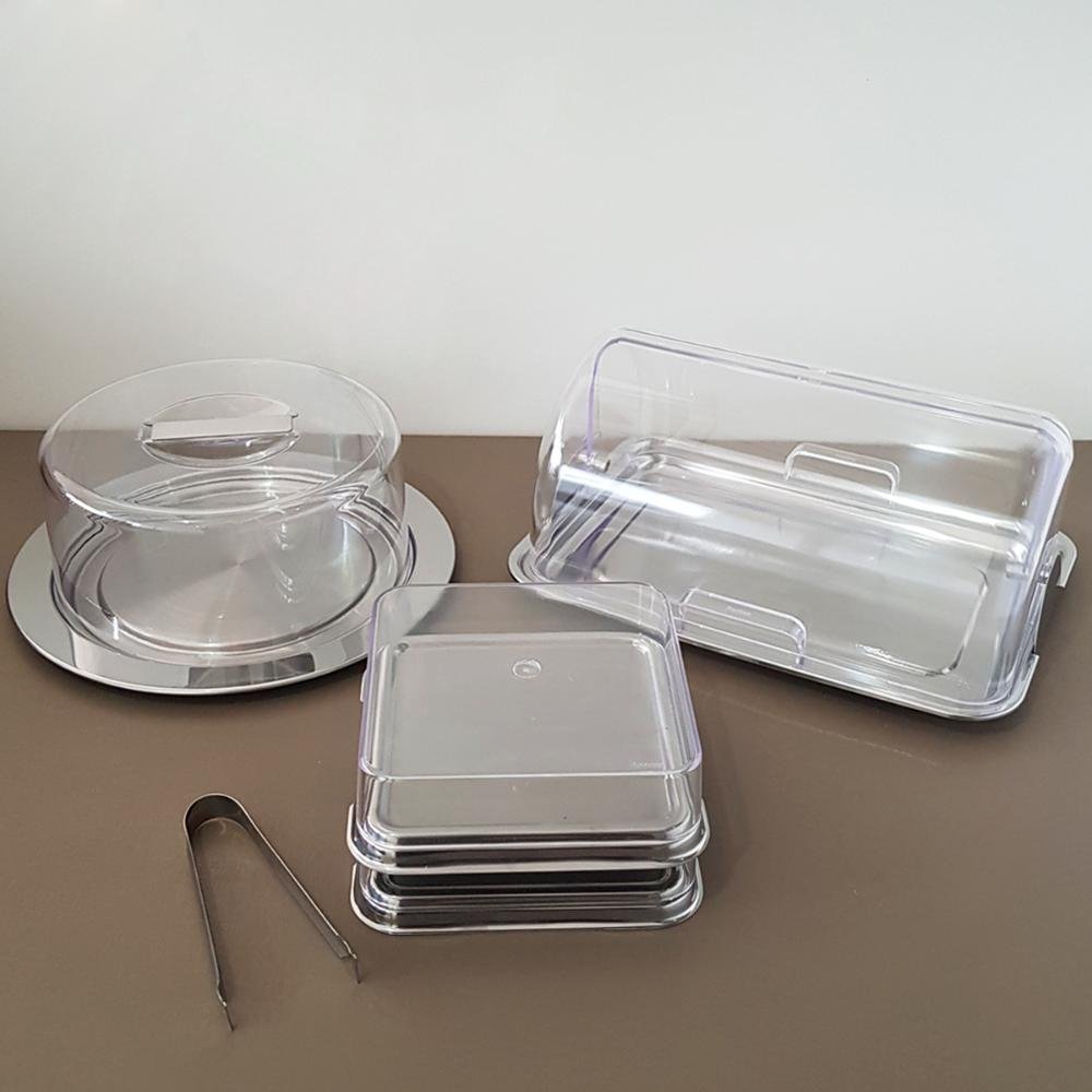 Kit Porta Pão Porta Frios e Porta Bolo Aço Inox Tampas Transparentes Vision Forma - 7