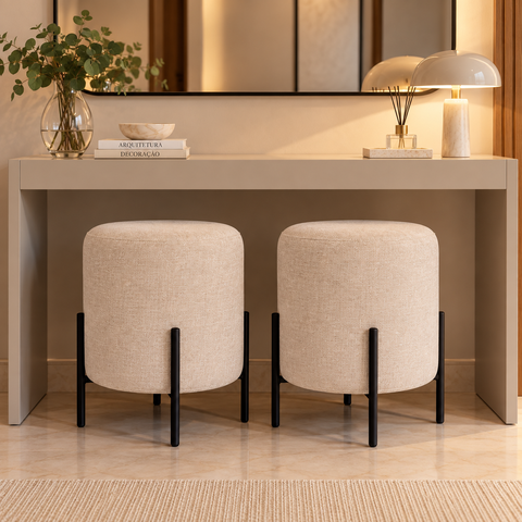Kit 02 Puff Siena 45cm Decorativo Puffe Banqueta Tecido Linho