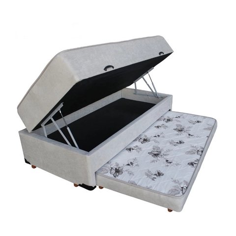 Cama Box Baú Solteiro Conjugada de Mola com Cama Auxiliar Bicama 3 em 1 Suede Bege