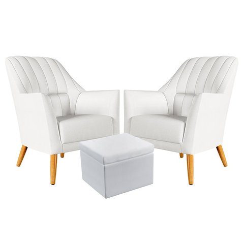 Kit 2 Poltronas Orion Bordada com Puff Quasar Courino Branco Aradecor