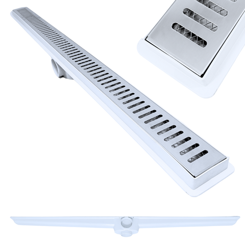 Ralo Linear Banheiro Seca Box 5x100 Inox Tradicional Espelhado Coletor Branco com Sifão Tela (5cm X 