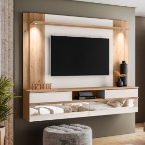 Painel Home Suspenso Tv 75 " Turin Espelho e Luminária Led:carvalho Teca/off White Ártico