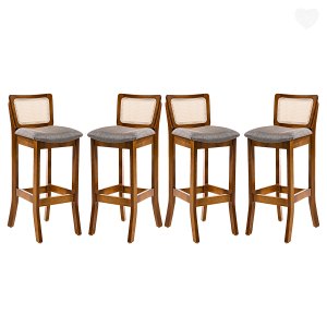 Kit 4 Banquetas Alta com Encosto em Rattan Portugal Estofado Linho Cinza L55 Rmi