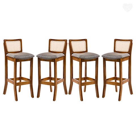 Kit 4 Banquetas Alta com Encosto em Rattan Portugal Estofado Linho Cinza L55 Rmi