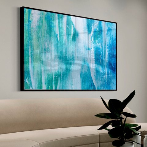 Quadro Decorativo Abstrato Pincelada Azul Claro em Moldura Caixa Tacolado Moldura Trad 1cm Madeira e