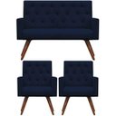 Ver imagem 1 de Kit Namoradeira + 2 Poltronas Decorativa Nina Capitonê Suede Azul Marinho - Dominic Decor