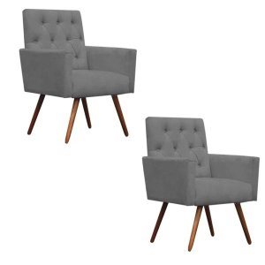 Kit 2 Poltronas Decorativa Nina Capitonê Suede Cinza - Dominic Decor