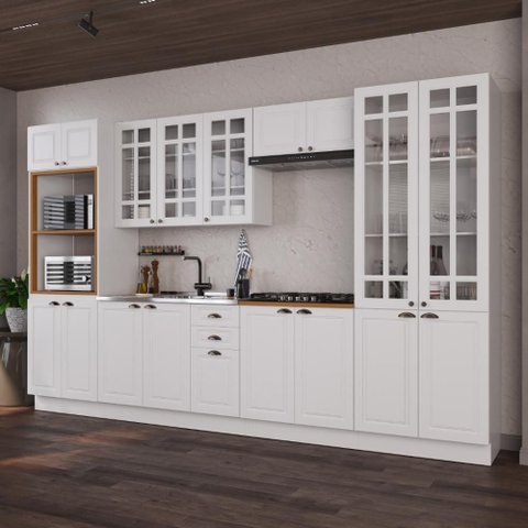 Armário de Cozinha Modulada Completa Fidelitá Nara 100% MDF 6 Peças 350cm 18 Portas 2 Gavetas sem