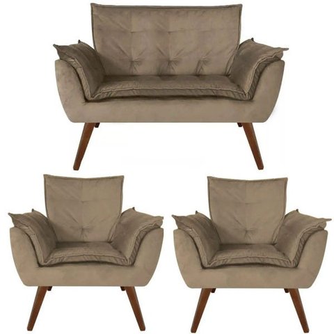 Kit Namoradeira + 02 Poltronas Decorativa Opalla Suede Cappuccino - Dominic Decor