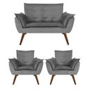 Ver imagem 1 de Kit Namoradeira + 02 Poltronas Decorativa Opalla Suede Cinza - Dominic Decor