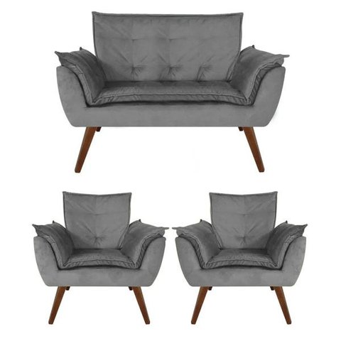 Kit Namoradeira + 02 Poltronas Decorativa Opalla Suede Cinza - Dominic Decor