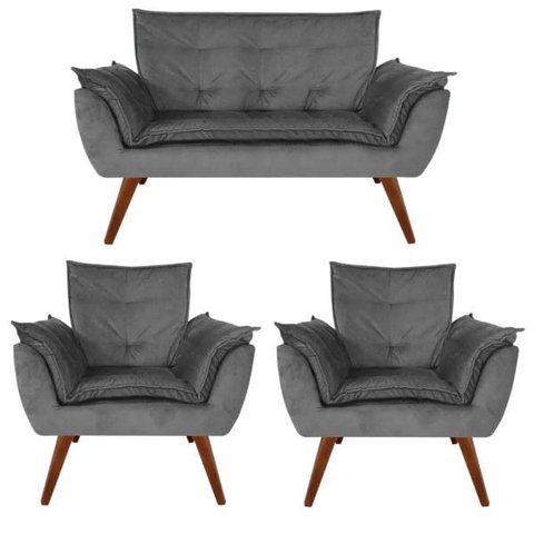 Kit Namoradeira + 02 Poltronas Decorativa Opalla Suede Grafite - Dominic Decor