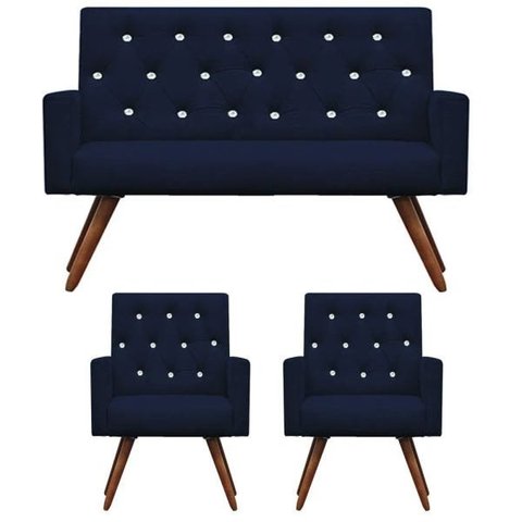 Kit Namoradeira + 2 Poltronas Decorativa Nina Capitonê Suede Azul Marinho com Strass - Dominic