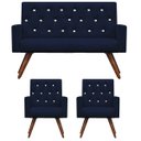 Ver imagem 1 de Kit Namoradeira + 2 Poltronas Decorativa Nina Capitonê Suede Azul Marinho com Strass - Dominic