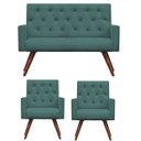 Ver imagem 1 de Kit Namoradeira + 2 Poltronas Decorativa Nina Capitonê Suede Azul Turquesa - Dominic Decor