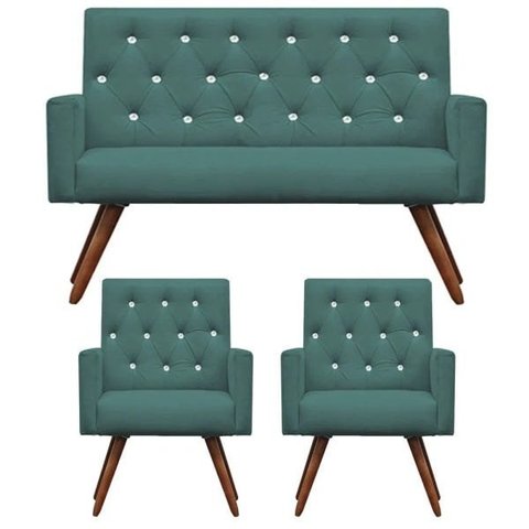 Kit Namoradeira + 2 Poltronas Decorativa Nina Capitonê Suede Azul Turquesa com Strass - Dominic