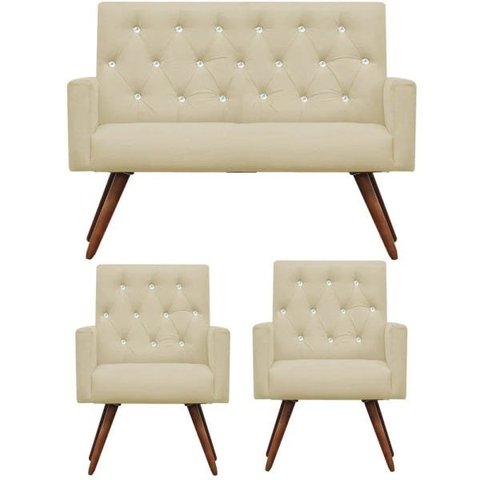 Kit Namoradeira + 2 Poltronas Decorativa Nina Capitonê Suede Bege com Strass - Dominic Decor