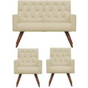 Ver imagem 1 de Kit Namoradeira + 2 Poltronas Decorativa Nina Capitonê Suede Bege com Strass - Dominic Decor