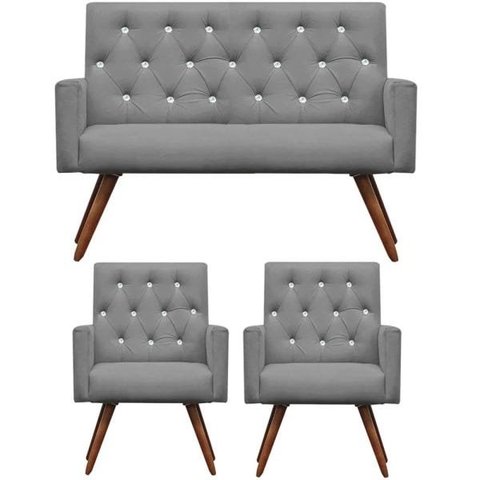Kit Namoradeira + 2 Poltronas Decorativa Nina Capitonê Suede Cinza com Strass - Dominic Decor