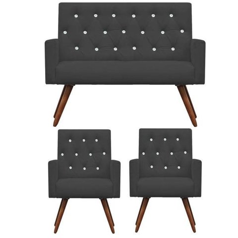 Kit Namoradeira + 2 Poltronas Decorativa Nina Capitonê Suede Grafite com Strass - Dominic Decor