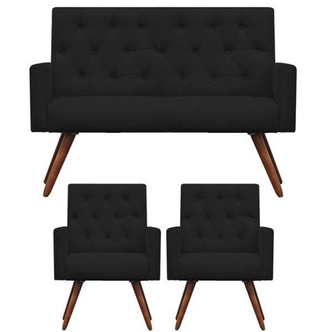 Kit Namoradeira + 2 Poltronas Decorativa Nina Capitonê Suede Preto - Dominic Decor