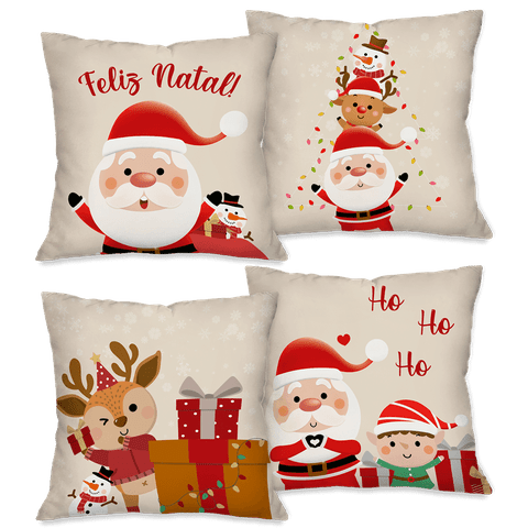 Kit com 4 Capas para Almofadas Natalinas Noel Boneco de Neve em Ação