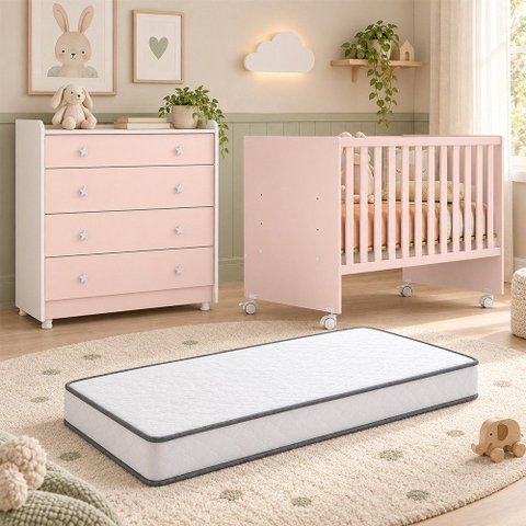 Kit Quarto de Bebê Doce Sonho com Berço com Rodízio Cômoda com Trocador e Colchão D18 130x60 Movellu