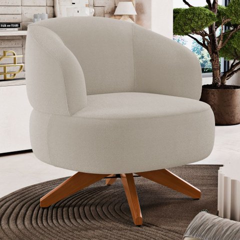 Poltrona Decorativa Orgânica Living Have Base Madeira Giratória Bouclê Bege - Desk Design
