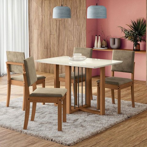 Mesa de Jantar 4 Lugares Carmen com Vidro Canela/off White/bege - Kappesberg Jantar