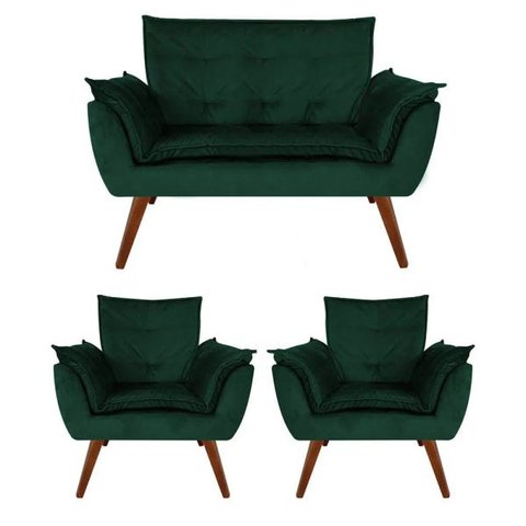 Kit Namoradeira + 02 Poltronas Decorativa Opalla Suede Verde - Dominic Decor