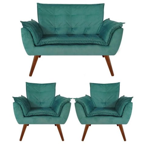 Kit Namoradeira + 02 Poltronas Decorativa Opalla Suede Azul Turquesa - Dominic Decor