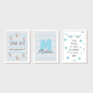 Kit Três Quadros Sonhe Alto, Urso, Nome, Estrelas e Santo Anjo Azul e Cinza