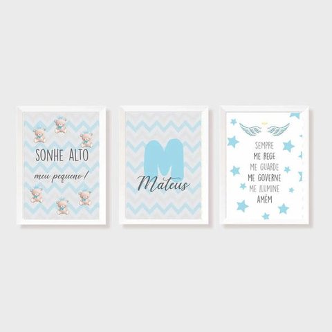 Kit Três Quadros Sonhe Alto, Urso, Nome, Estrelas e Santo Anjo Azul e Cinza