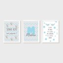 Ver imagem 1 de Kit Três Quadros Sonhe Alto, Urso, Nome, Estrelas e Santo Anjo Azul e Cinza