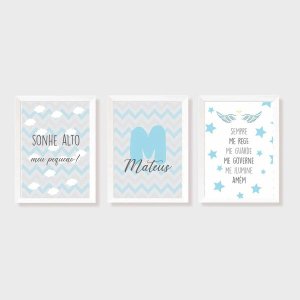 Kit Três Quadros Sonhe Alto, Nome, Estrelas e Santo Anjo Azul e Cinza