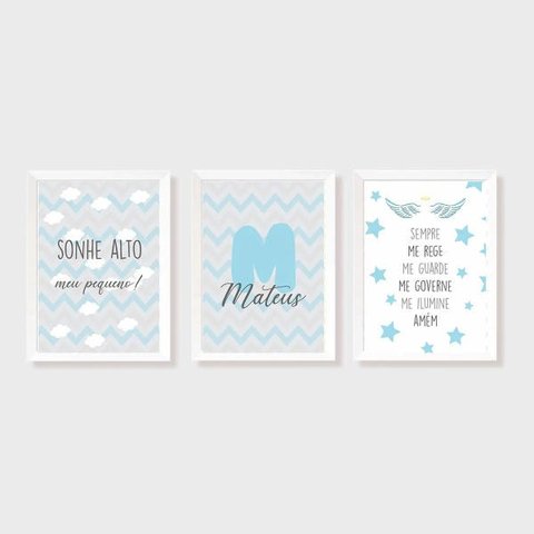 Kit Três Quadros Sonhe Alto, Nome, Estrelas e Santo Anjo Azul e Cinza