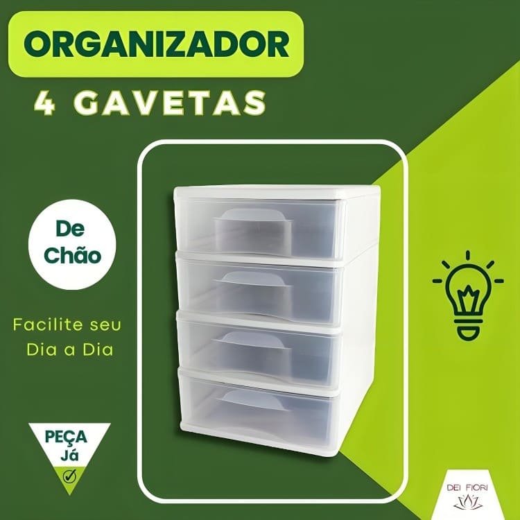 Gaveteiro de Chão Branco 4 Gavetas Transparentes Organizador Multiuso Casa Escritorio Espaçoso Forte - 4