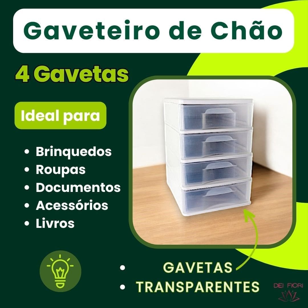 Gaveteiro de Chão Branco 4 Gavetas Transparentes Organizador Multiuso Casa Escritorio Espaçoso Forte - 5