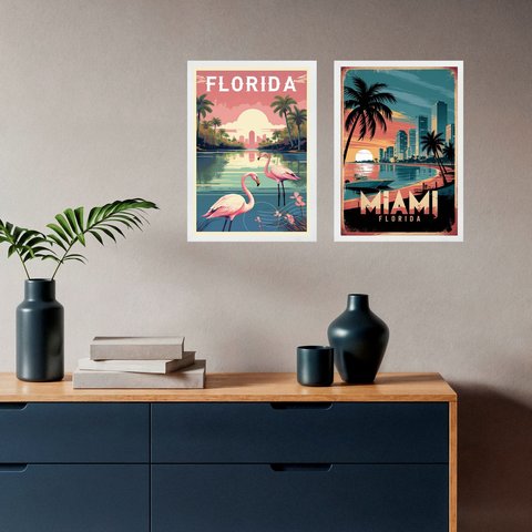 Kit 2 Quadros Decorativos Florida Miami 45x34cm - com Vidro:moldura Preta