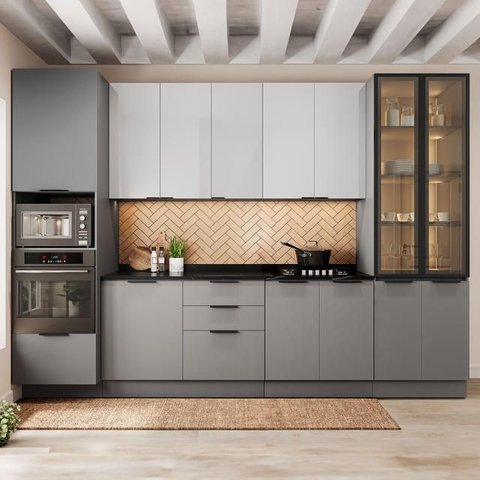 Cozinha Telasul Lumina 6 Peças com Paneleiro para Forno e Micro com Vidro Fumê e Iluminação Cinza