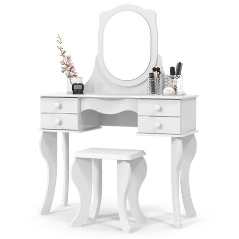 Kit Penteadeira Princesa com Espelho e Banqueta 4 Gavetas Estilo Provençal/vintage:branco
